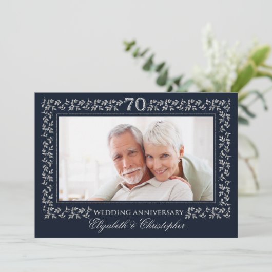 Invitation 70e Anniversaire de Mariage Photo Bleu Nuit Argent (Debout devant)