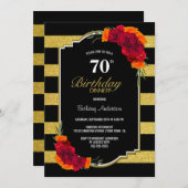 Invitation 70e Anniversaire Dîner Noir Or rayé Floral (Devant / Derrière)