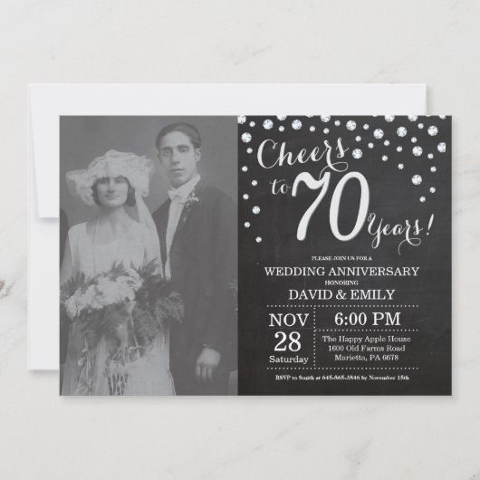 Invitation 70e anniversaire du Mariage Chalkboard Black Silve (Devant)