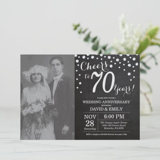 Invitation 70e anniversaire du Mariage Chalkboard Black Silve (Debout devant)