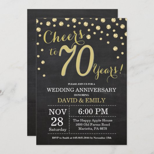 Invitation 70e anniversaire du Mariage Chalkboard noir et or (Devant / Derrière)
