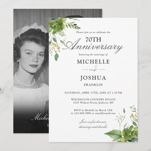 Invitation 70e anniversaire du Mariage Floral Green Photo (Devant / Derrière)
