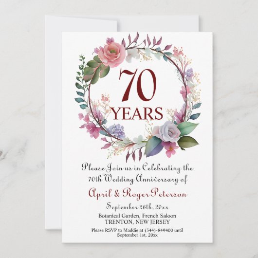 Invitation 70e anniversaire du Platinum Mariage Floral (Devant)