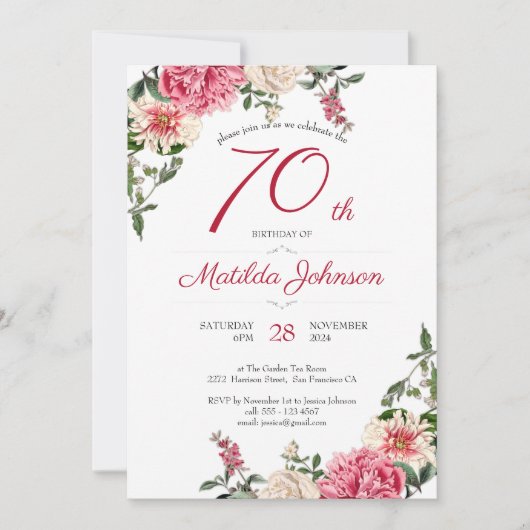 Invitation 70e anniversaire Elégante Floral Rose Red Custom P (Devant)