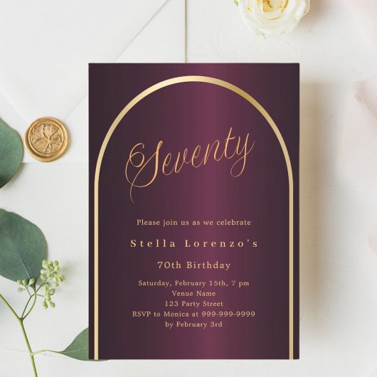 Invitation 70e anniversaire en Bourgogne or script arch luxe