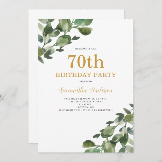 Invitation 70e anniversaire Eucalyptus Aquarelle d'or Script (Devant / Derrière)
