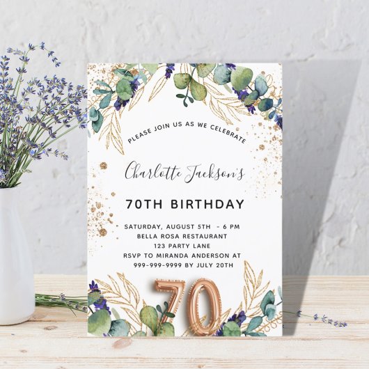 Invitation 70e anniversaire eucalyptus parties scintillant ve