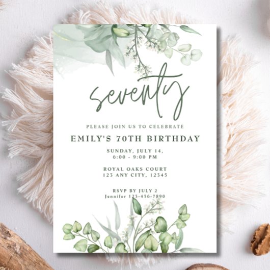 Invitation 70e anniversaire fête Eucalyptus Verdure Aquarelle