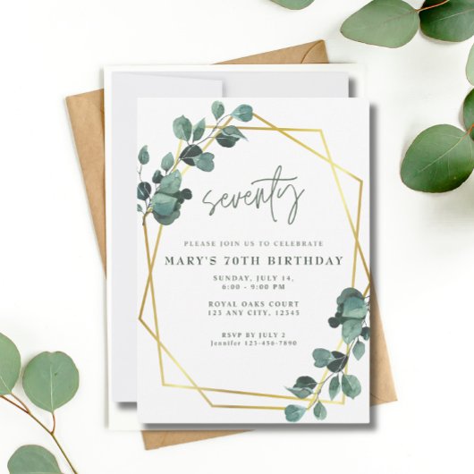 Invitation 70e anniversaire fête Eucalyptus Vert Or