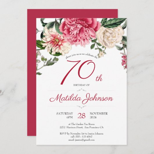 Invitation 70e anniversaire Floral Botanical Elegant Red Part (Devant / Derrière)