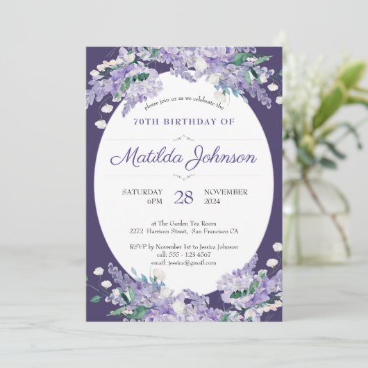 Invitation 70e anniversaire Floral foncé Purple Wisteria Élég (Debout devant)