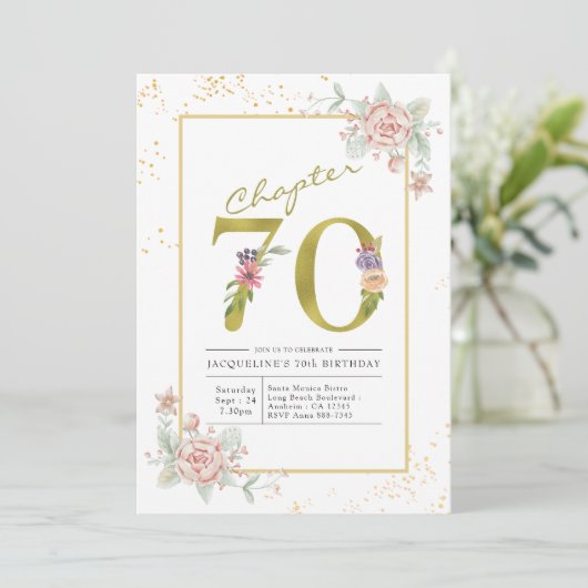 Invitation 70e anniversaire Floral Gold Script (Debout devant)