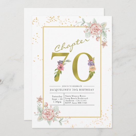 Invitation 70e anniversaire Floral Gold Script (Devant / Derrière)