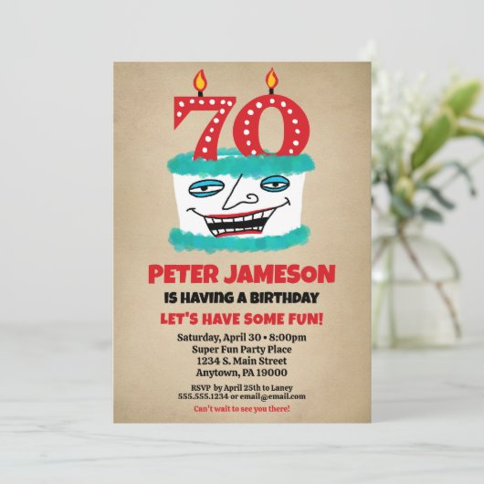 Invitation 70e anniversaire Gâteau drôle Mens Déco (Debout devant)