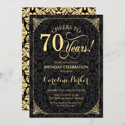 Invitation 70e anniversaire - Gold Black Damask (Devant / Derrière)