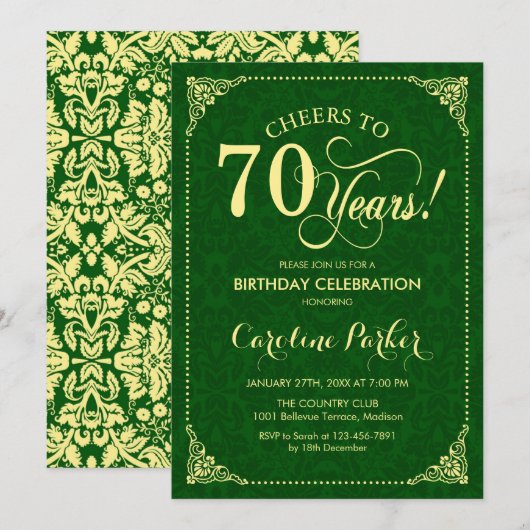 Invitation 70e anniversaire - Gold Green Damask (Devant / Derrière)