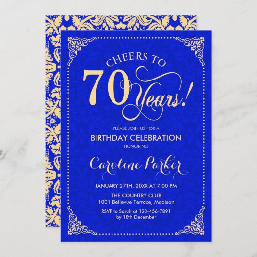 Invitation 70e anniversaire - Gold Royal Blue Damask (Devant / Derrière)
