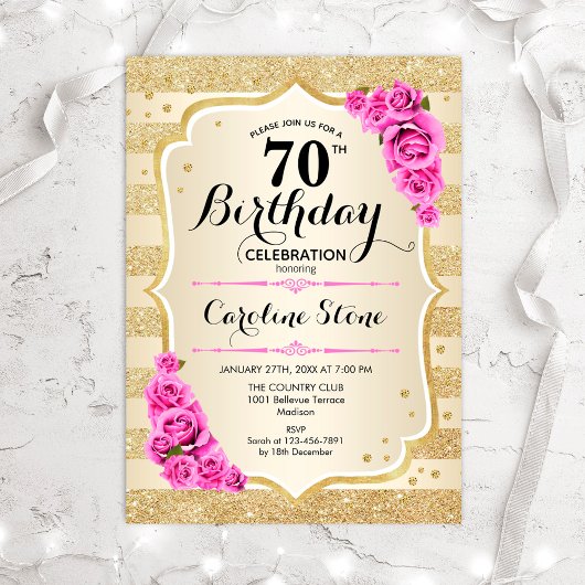 Invitation 70e anniversaire - Gold Stripes rose Roses Invitat