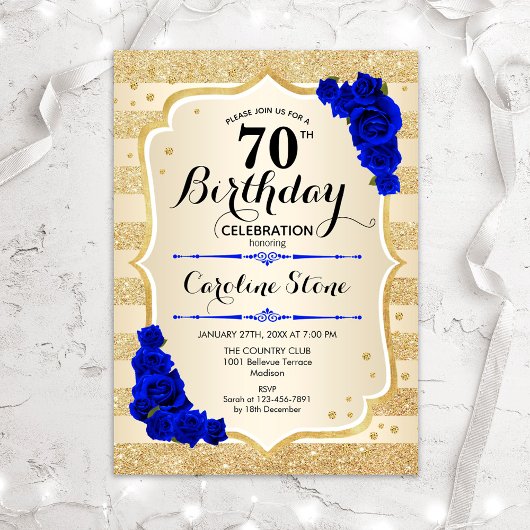 Invitation 70e anniversaire - Gold Stripes Royal Blue Roses