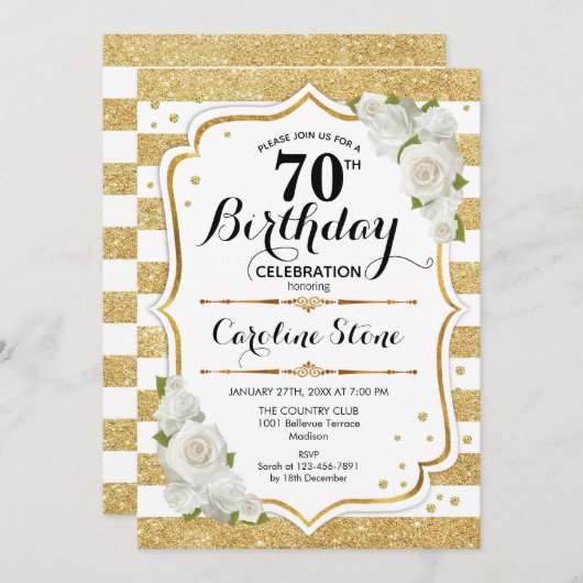Invitation 70e anniversaire - Gold White Stripes Rose (Devant / Derrière)
