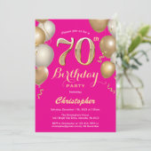 Invitation 70e Anniversaire Hot Pink et Gold Balloons Confett (Debout devant)