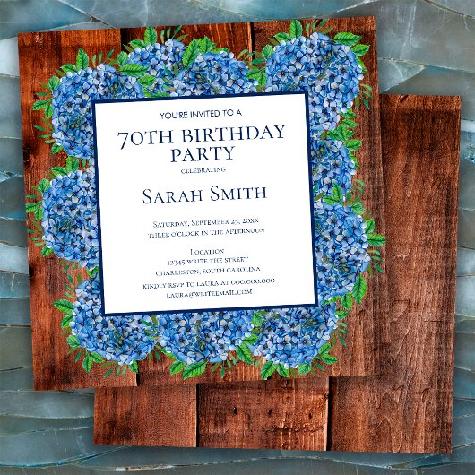 Invitation 70e Anniversaire Hydrangeas Bleu Bois Fête Rustiqu