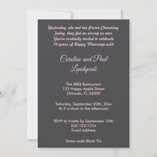 Invitation 70e anniversaire Mariage Embossed Silver Rose or (Dos)