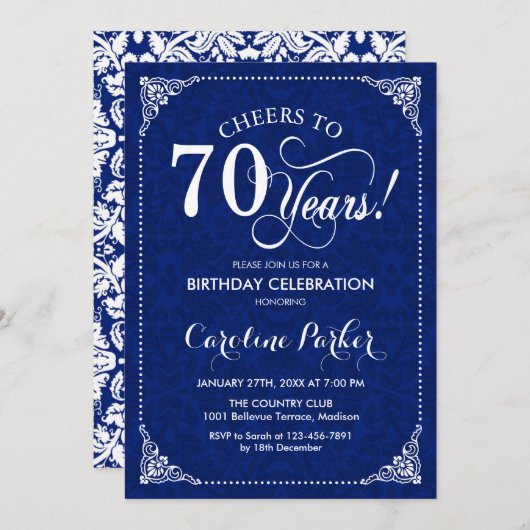 Invitation 70e anniversaire - Marine White Damask (Devant / Derrière)