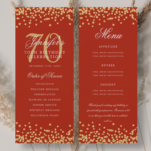 Invitation 70e Anniversaire Menu Merci Gold Red