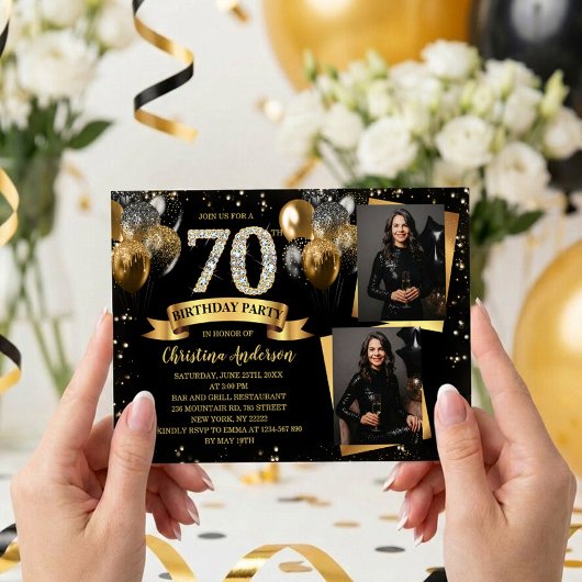 Invitation 70e Anniversaire Moderne Ballons Dorés Pailletés 2