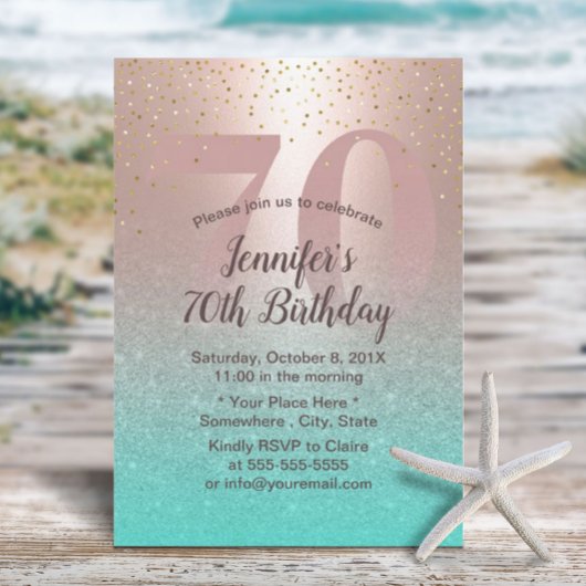 Invitation 70e anniversaire Moderne Blush Rose Gold Aqua Turq