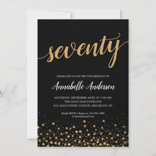 Invitation 70e anniversaire Moderne Noir Confetti Script (Devant)