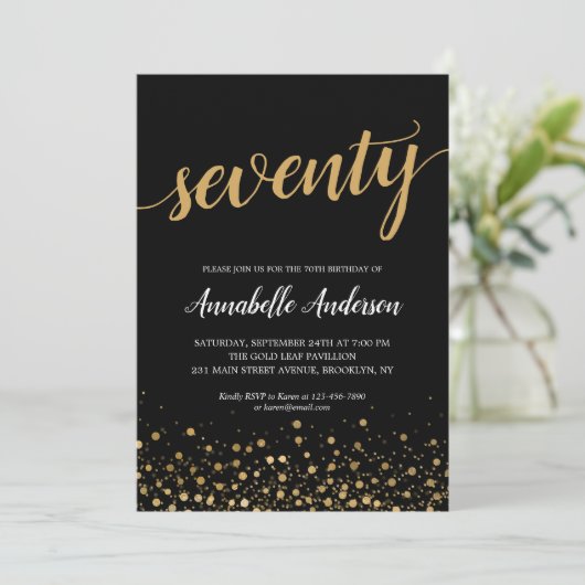 Invitation 70e anniversaire Moderne Noir Confetti Script (Debout devant)