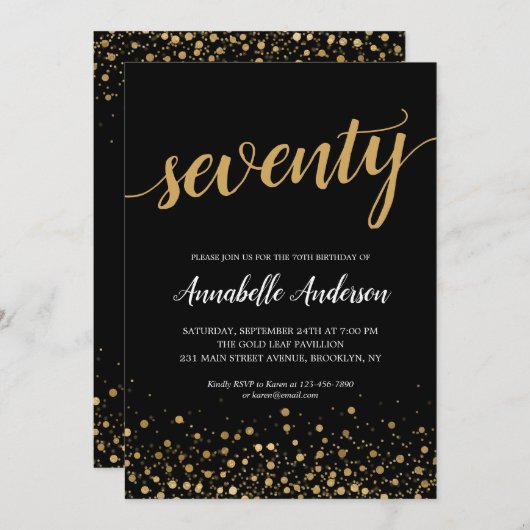 Invitation 70e anniversaire Moderne Noir Confetti Script (Devant / Derrière)