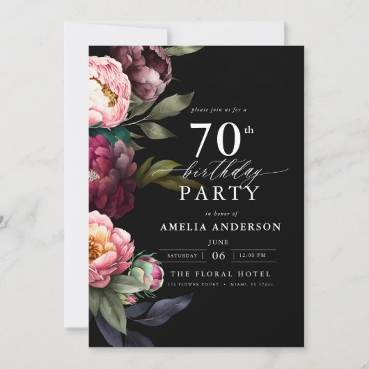 Invitation 70e anniversaire Moody moderne Bourgogne Blush Flo (Devant)