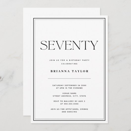 Invitation 70e anniversaire Noir & Blanc (Devant / Derrière)