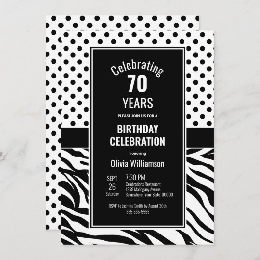 Invitation 70e anniversaire Noir blanc Polka Dot Zebra Stripe (Devant / Derrière)