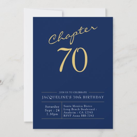 Invitation 70e Anniversaire Or Script moderne bleu (Devant)