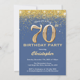 Invitation 70e anniversaire Parties scintillant bleue et or C