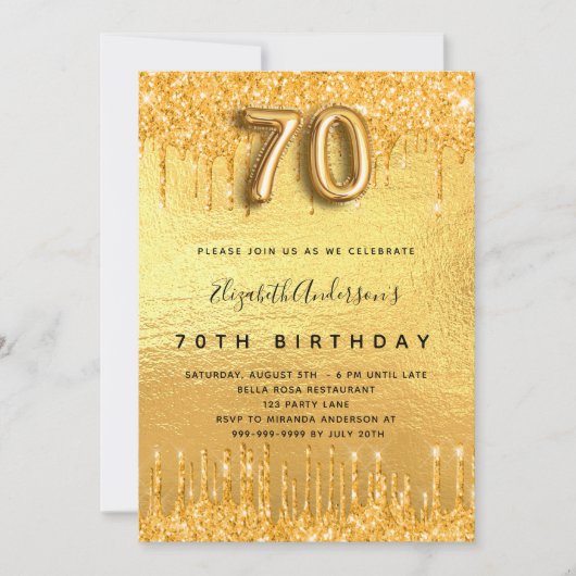 Invitation 70e anniversaire parties scintillant or gouttes (Devant)