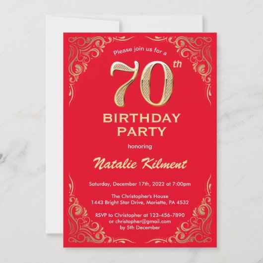Invitation 70e anniversaire Parties scintillant rouge et or (Devant)