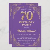 Invitation 70e anniversaire Parties scintillant violet et or (Devant / Derrière)