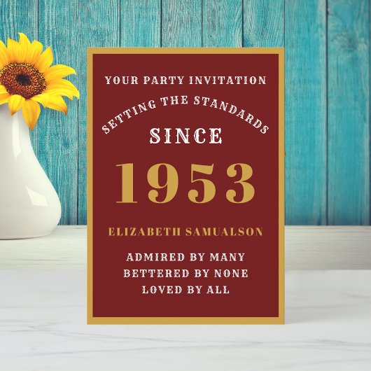 Invitation 70e anniversaire personnalisé 1953 Elégant or roug