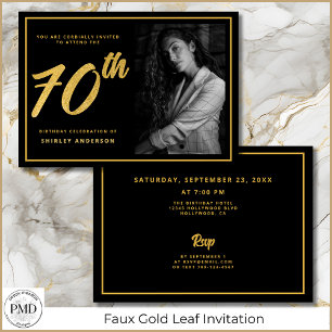 Invitation 70e anniversaire Photo Black Faux Gold Leaf Élégan