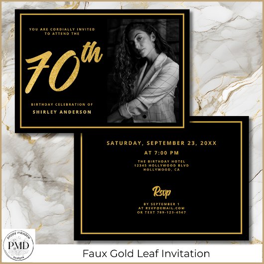 Invitation 70e anniversaire Photo Black Faux Gold Leaf Élégan