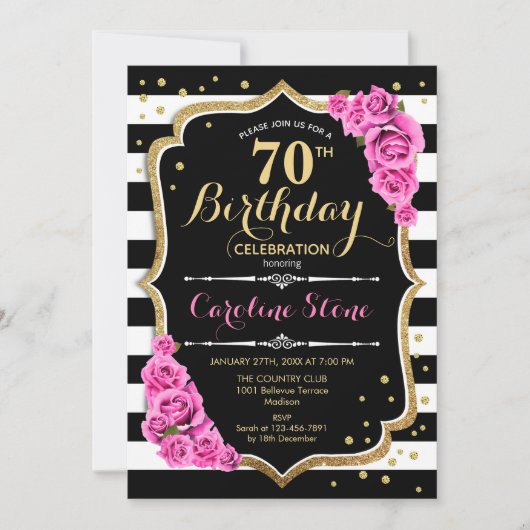 Invitation 70e anniversaire Pink Black White Strip (Devant)