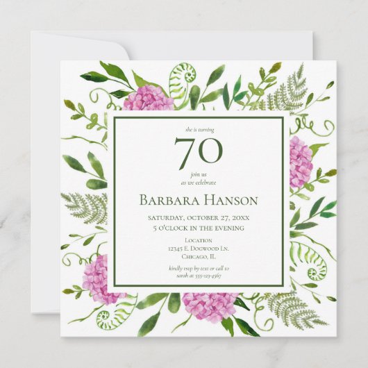 Invitation 70e anniversaire Pink Hydrangeas (Devant)