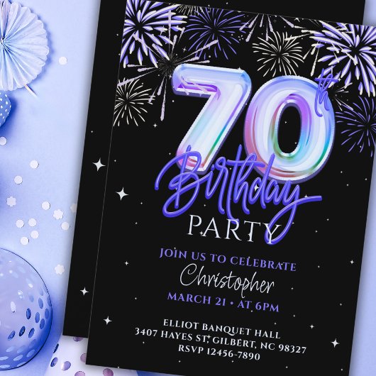 Invitation 70e anniversaire pour lui Blue Fireworks Foil Ball