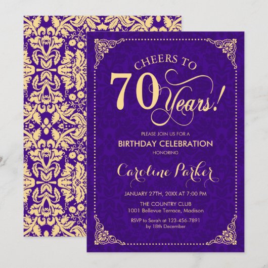 Invitation 70e anniversaire - Purple Gold Damask (Devant / Derrière)