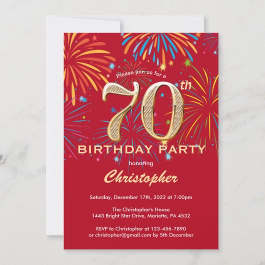 Invitation 70e anniversaire Red and Gold Rainbow Fireworks (Devant)